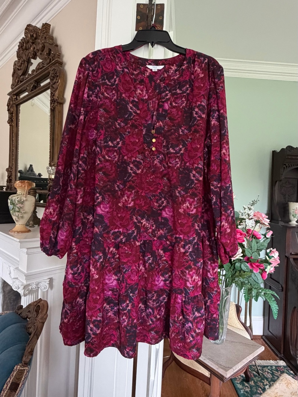Women's Floral Burgundy/plum  Long-Sleeve Tunic Dress, size XL